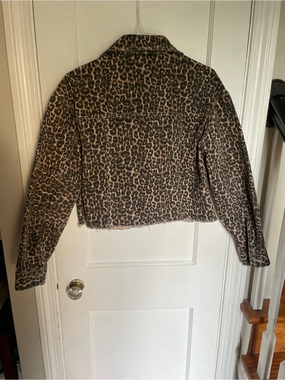 Free People Jacket Womens Brown Cheetah Print Crop Raw Hem Denim Sz S